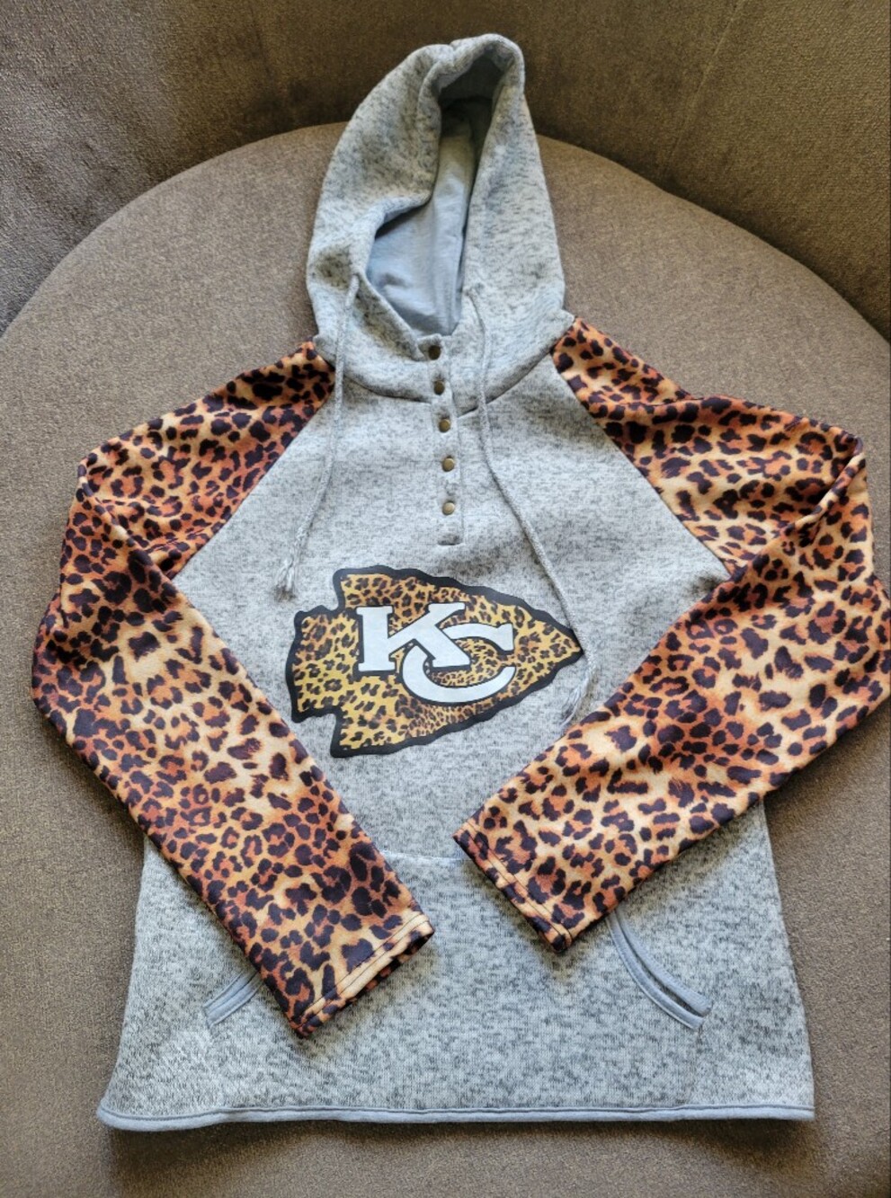 Kansas City Chiefs Gray Hoodie with Leopard Print Sleeves